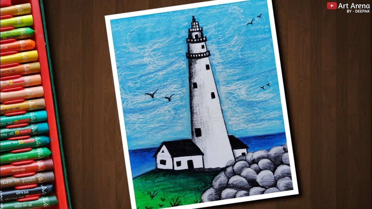 Lighthouse scenery drawing with Oil Pastels - step by step