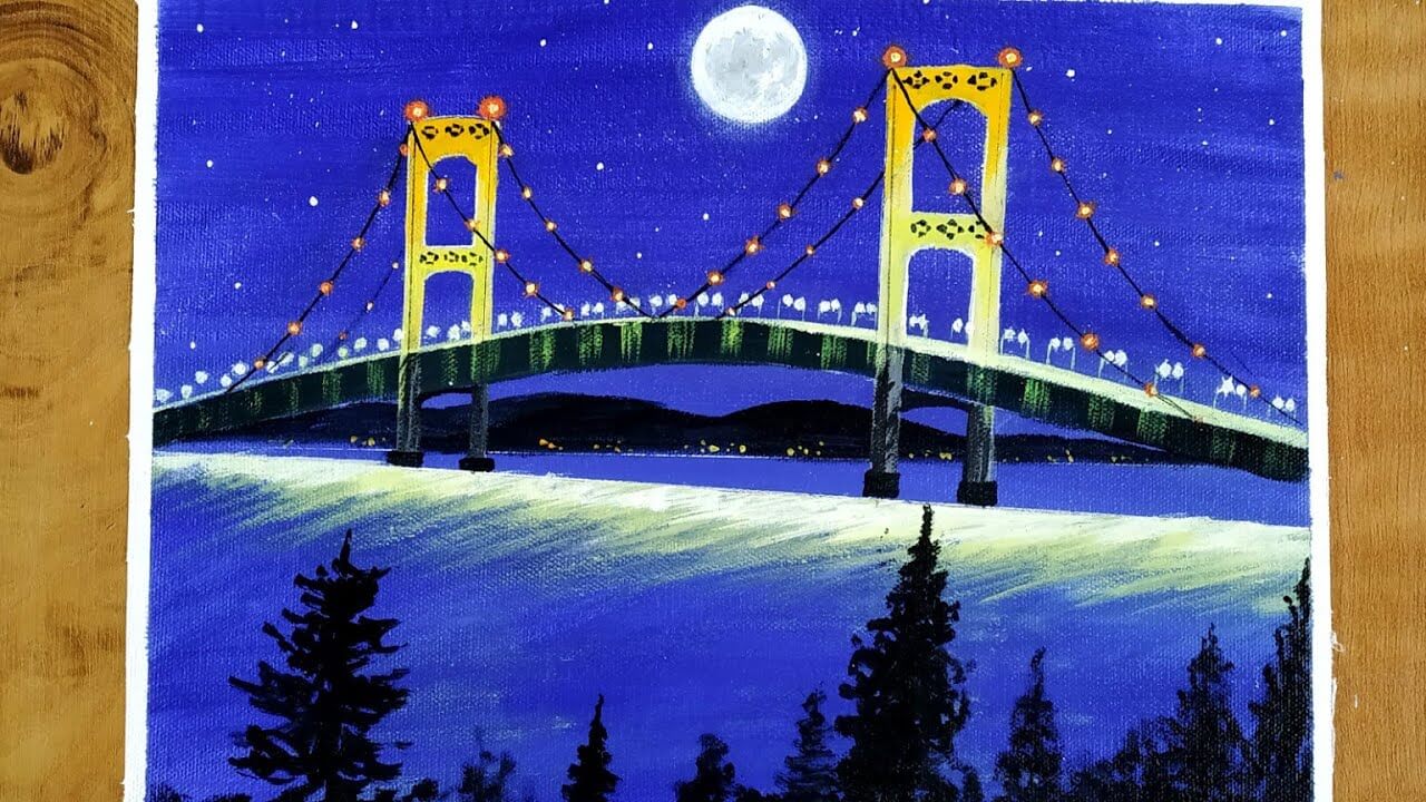 Moonlight Night Bridge Scenery Drawing/Bridge under moonlight Acrylic painting/