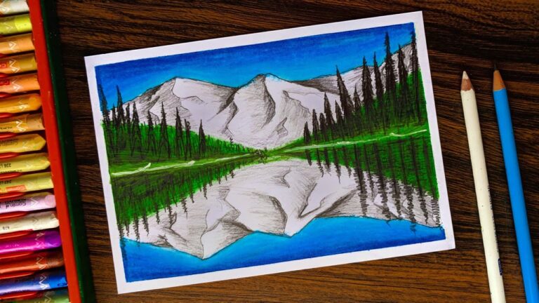 Mountain with Reflection Drawing for beginners with Oil Pastels step by step