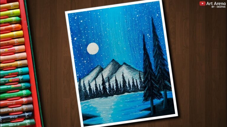 Night Sky Mountain scenery drawing for beginners with Oil Pastels - step by step
