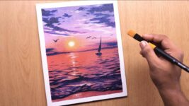 Oil painting of beautiful sunset seascape and sea waves
