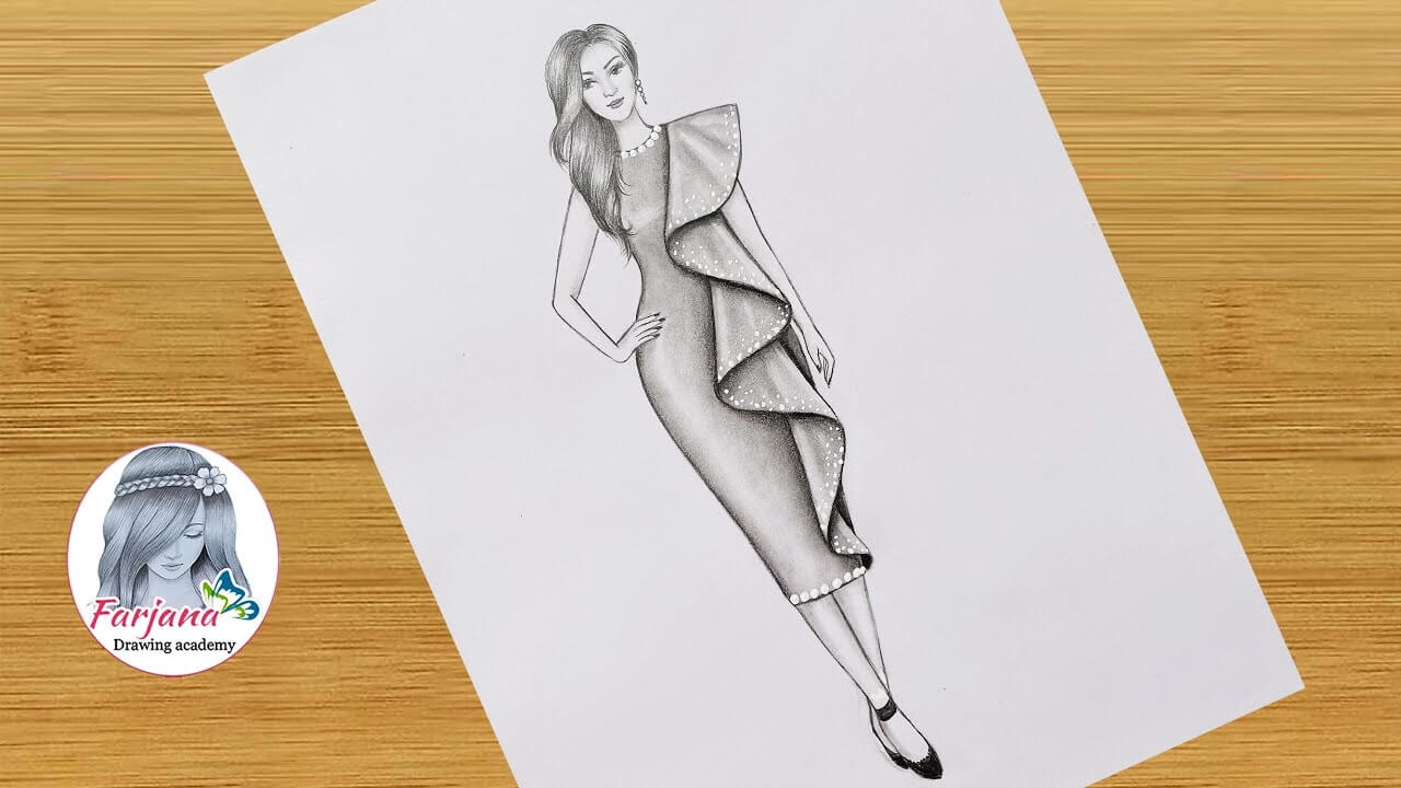 Pencil sketch of a girl with Fashion Dress step