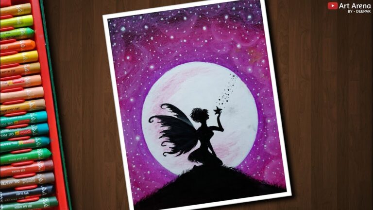 Pink Moonlight Fairy scenery drawing with Oil Pastels - step by step