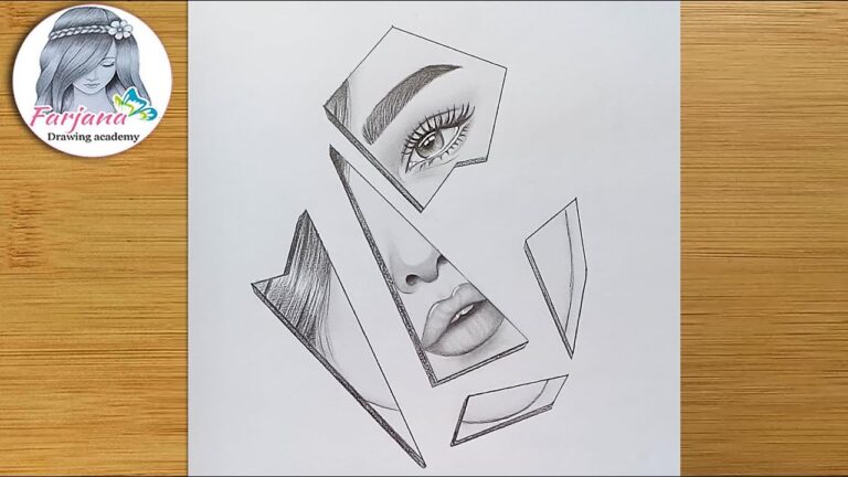 Sad girl face in broken mirror Pencil Sketch for