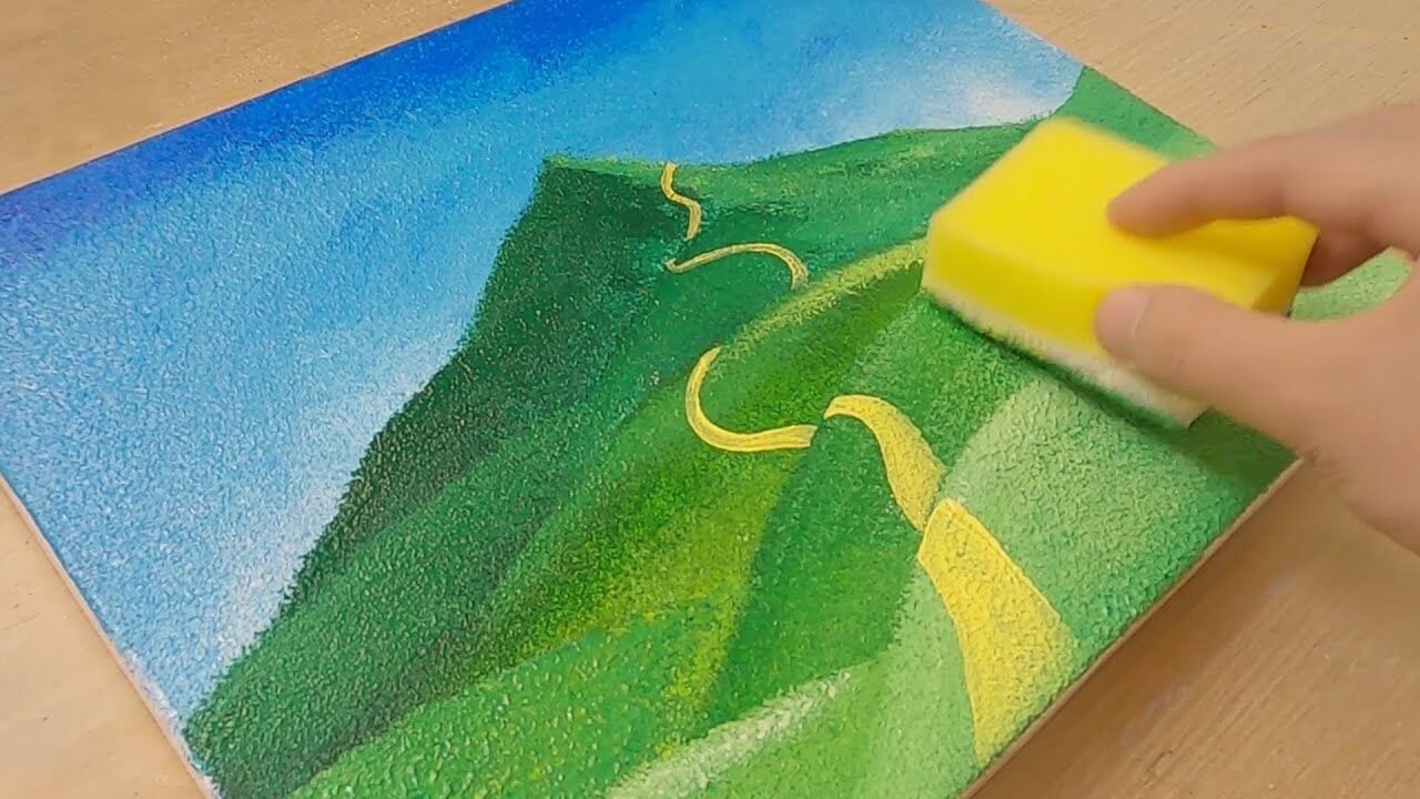 Sponge painting technique / Layered hills landscape painting / Easy creative art