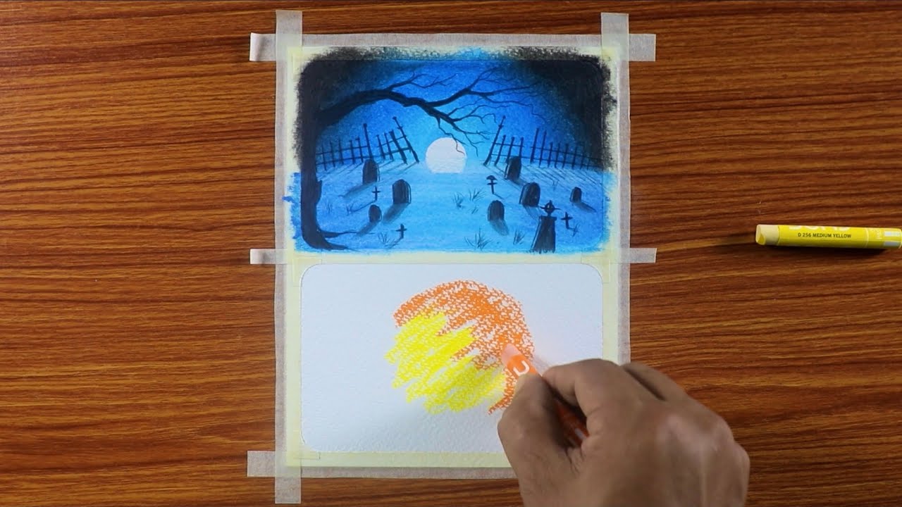 Spooky Halloween ? ? Night Scenery / Drawing with Oil Pastels / Step by Step