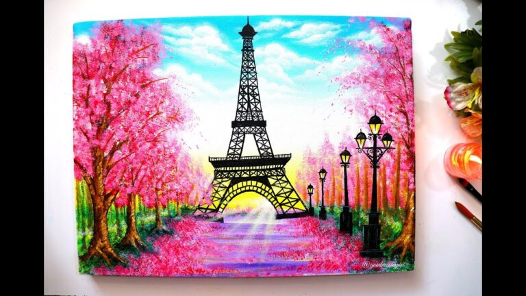 Springtime Cherry blossom Trees and Eiffel Tower Painting / Step by Step Tutorial for Beginners