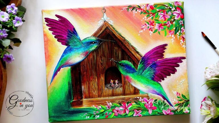 Step by Step Hummingbird  with a Bird House  Painting tutorial for Beginners