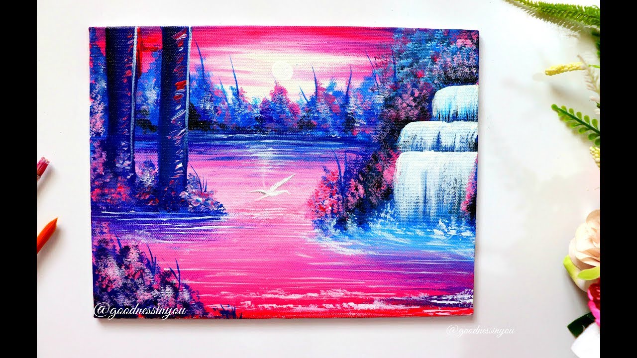 Step by Step Moonlight Waterfall Painting for Beginners