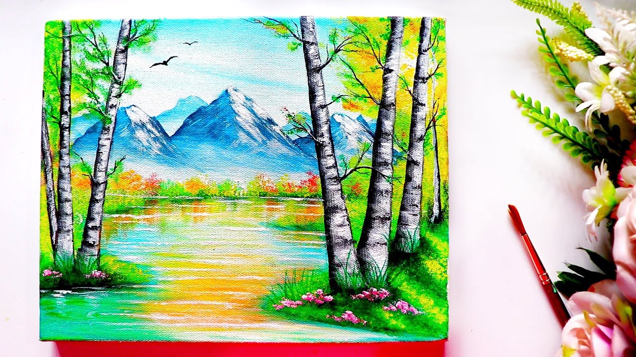 Step by Step Mountains  with Birch Tree Landscape Painting Tutorial for Beginners /  EPISODE 2