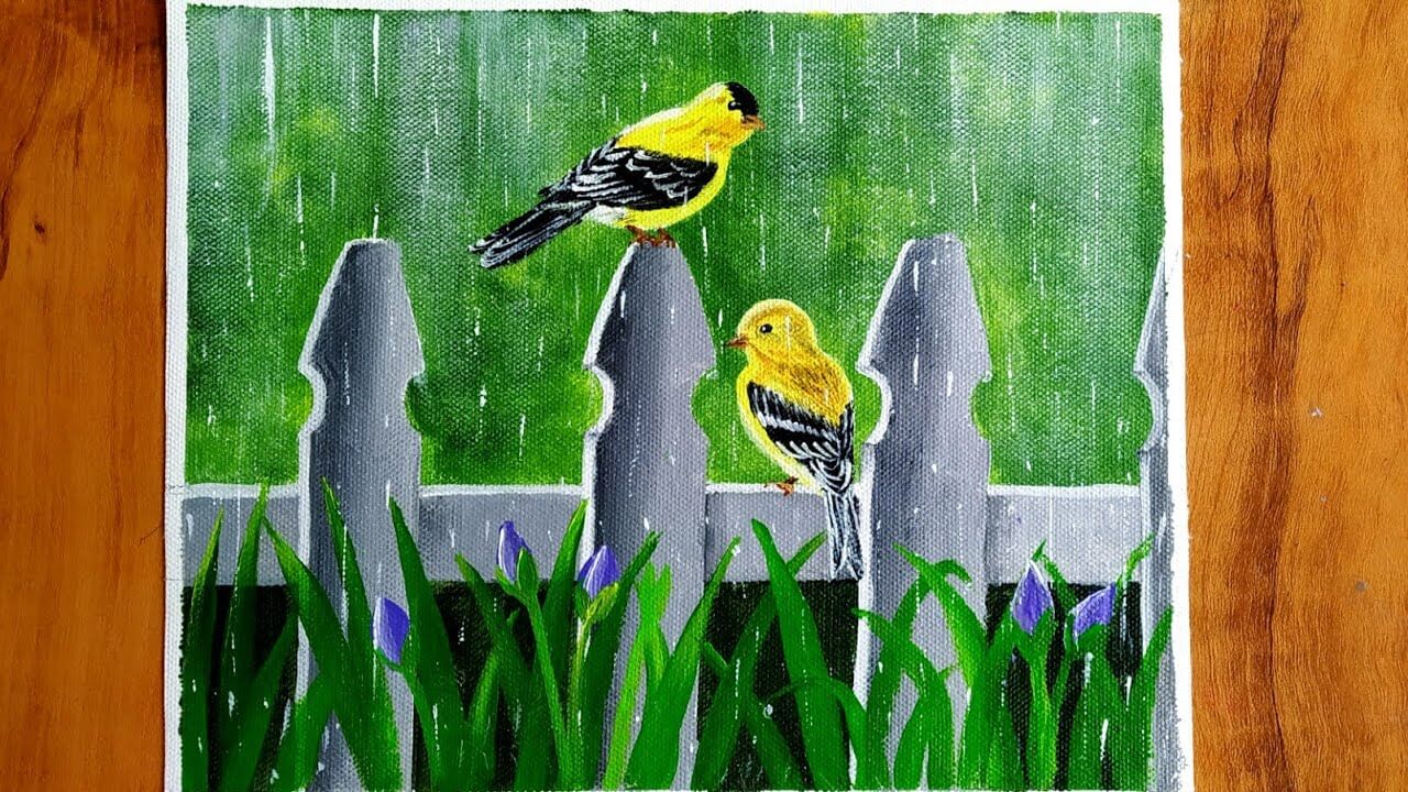 StepbyStep Birds in the Rain Painting/Acrylic painting for beginners/Go Green Nature Scenery Paintng