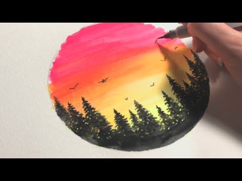 Watercolor Sunset Scenery Painting Idea