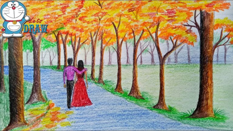 how to draw scenery of autumn season step by step