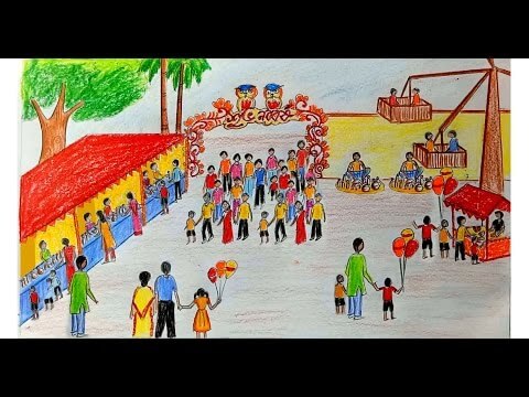 how to draw scenery of pohela boishakh village fair step by step