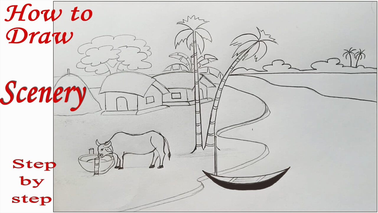 how to draw sceneryvillage landscape step by step