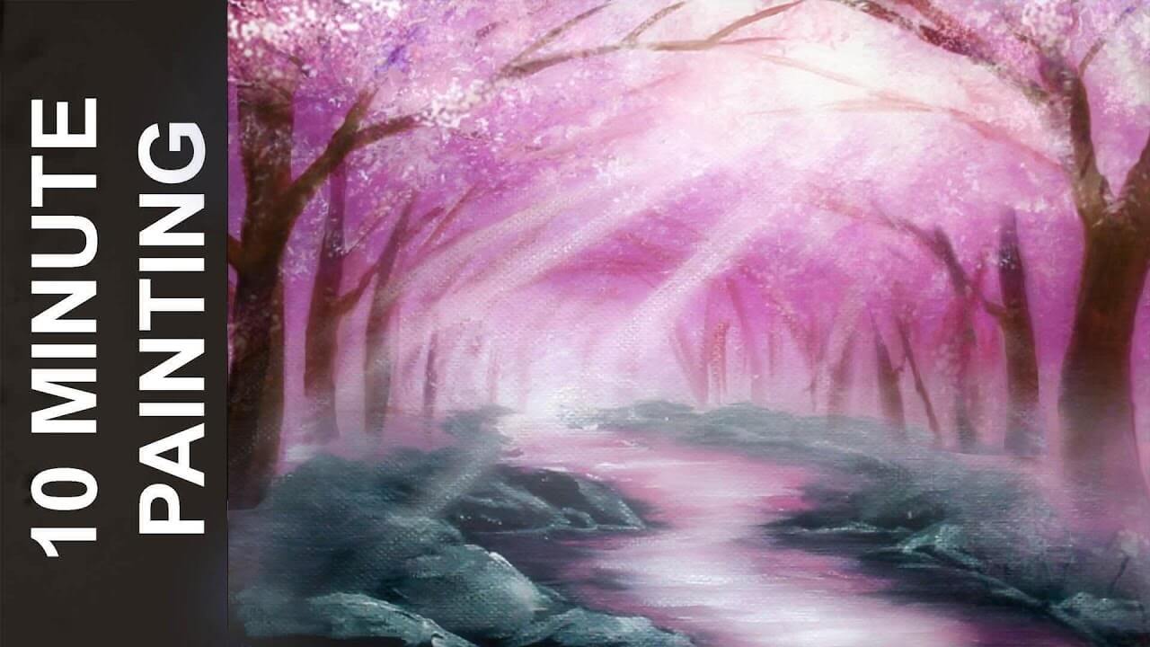 painting a cherry blossom tree forest with acrylics in 10 minutes