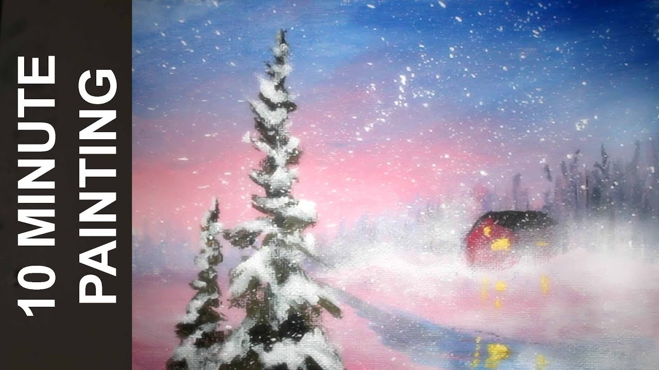 painting a pink sky winter wonderland landscape in 10 minutes with acrylics