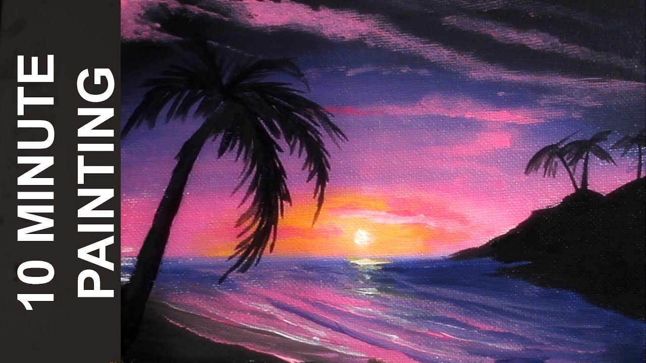 painting a romantic tropical beach at twilight with acrylics in 10 minutes