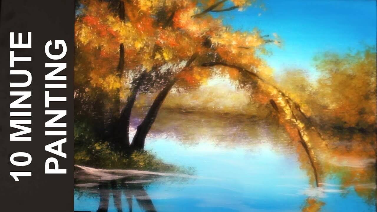painting an autumn tree along the river with acrylics in 10 minutes